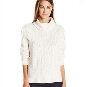 Joie Vivian Fringe Turtleneck Wool Sweater in Chalk